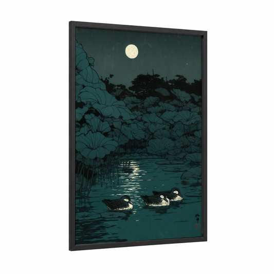 Moonlit Ducks framed art print — black wood frame — dark blue and black and white palette