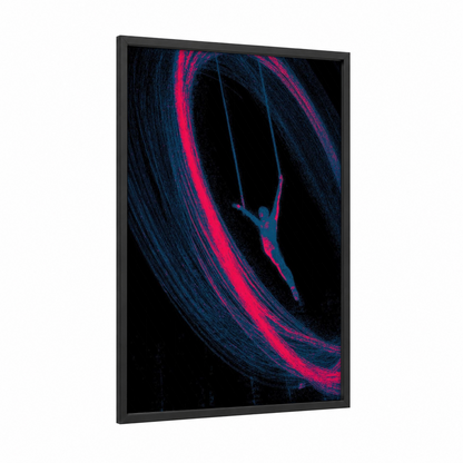 Neon Gymnast framed gymnastics print — black wood frame — magenta and dark blue palette
