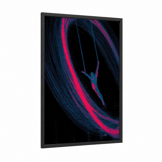 Neon Gymnast framed gymnastics print — black wood frame — magenta and dark blue palette