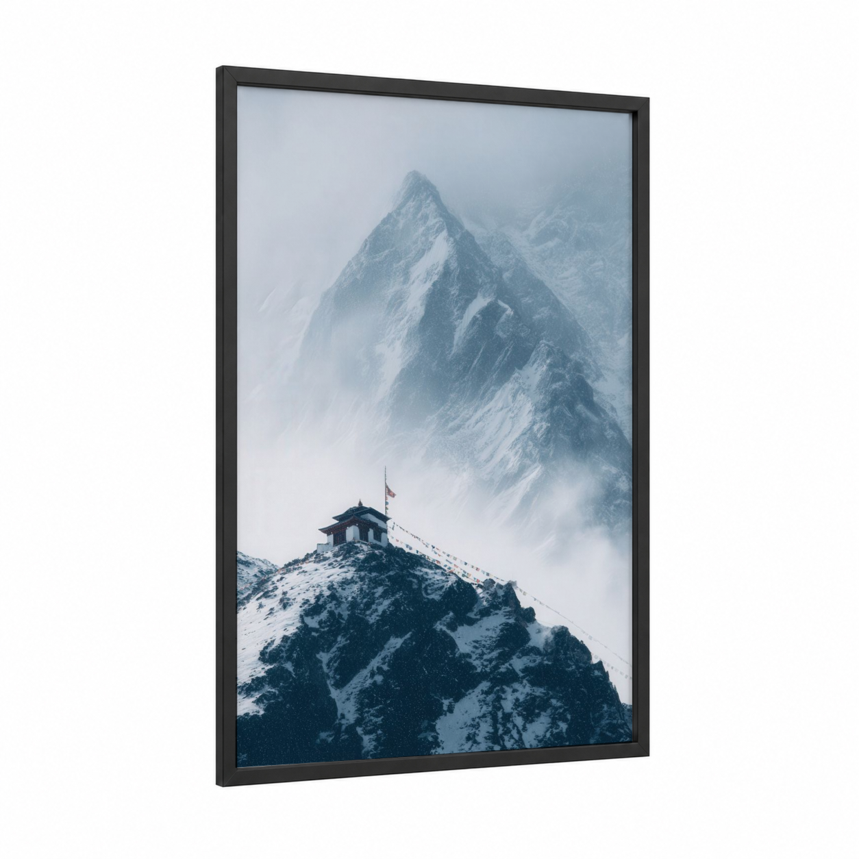 Mountain Temple framed art print — black wood frame — gray and white and dove gray palette