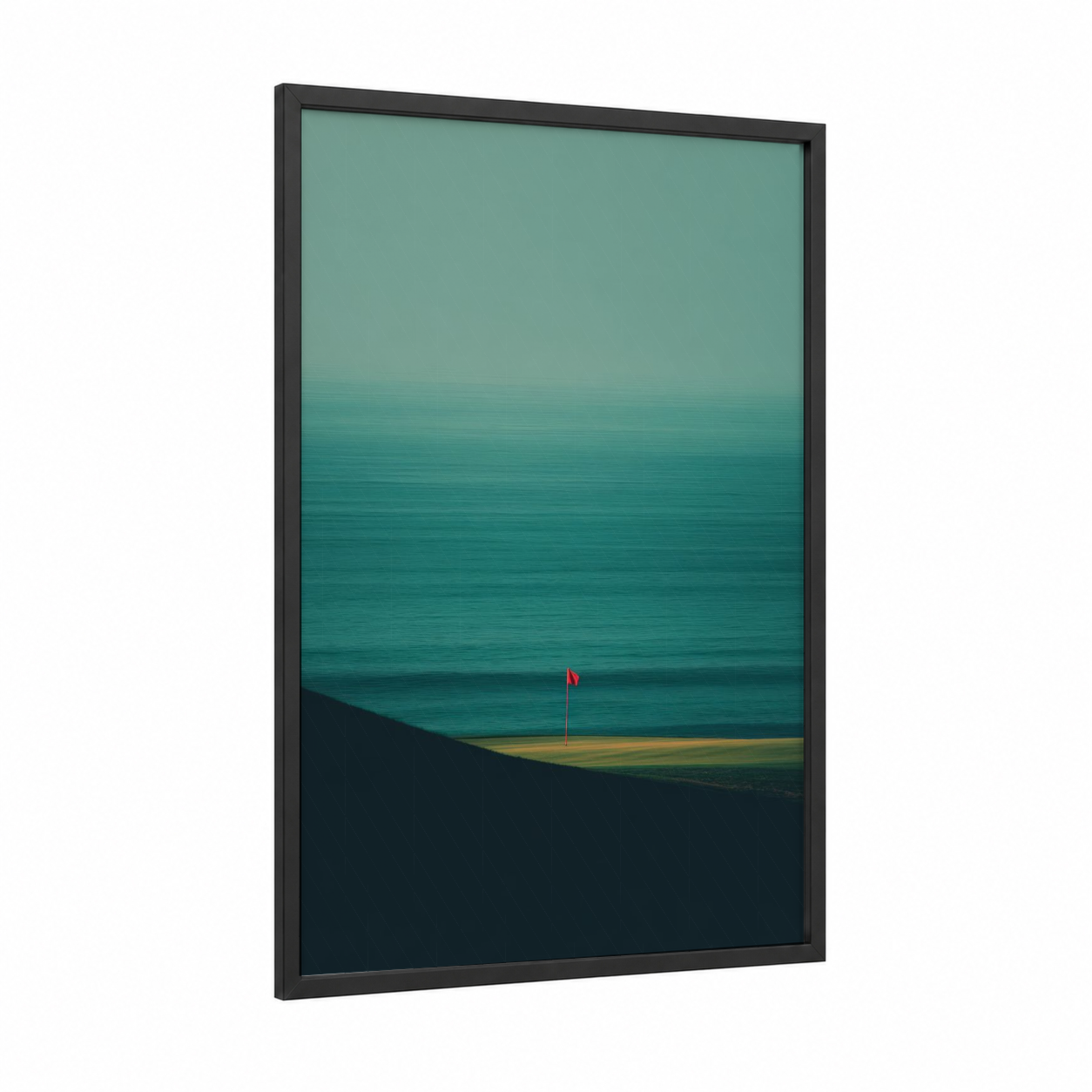 Coastal Golf Flag framed stadiums and fields print — black wood frame — teal and sage green palette