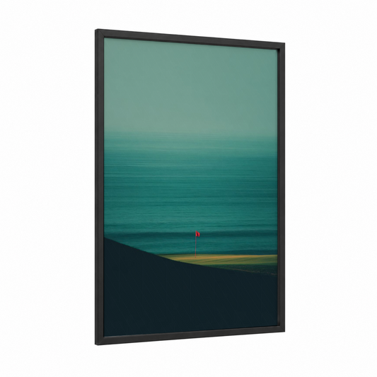 Coastal Golf Flag framed stadiums and fields print — black wood frame — teal and sage green palette