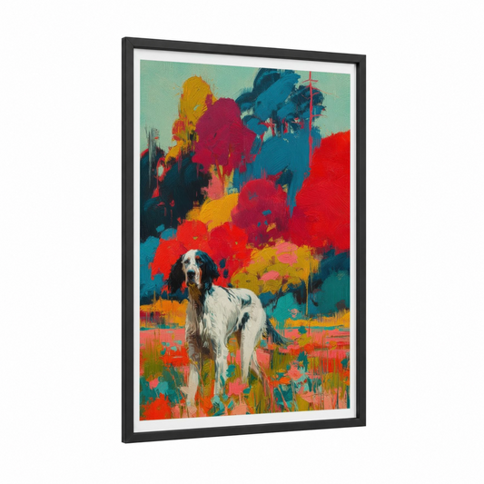Colorful Setter Portrait framed art print — black wood frame — red and teal palette