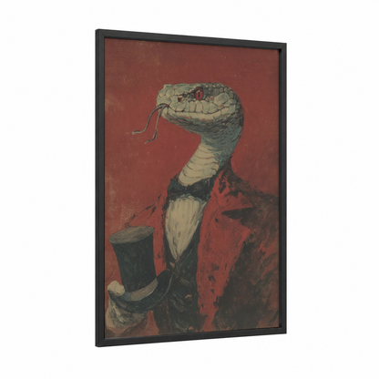 Dapper Viper framed art print — black wood frame — russet and black and white palette