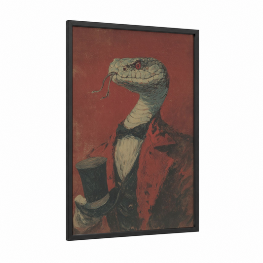 Dapper Viper framed art print — black wood frame — russet and black and white palette