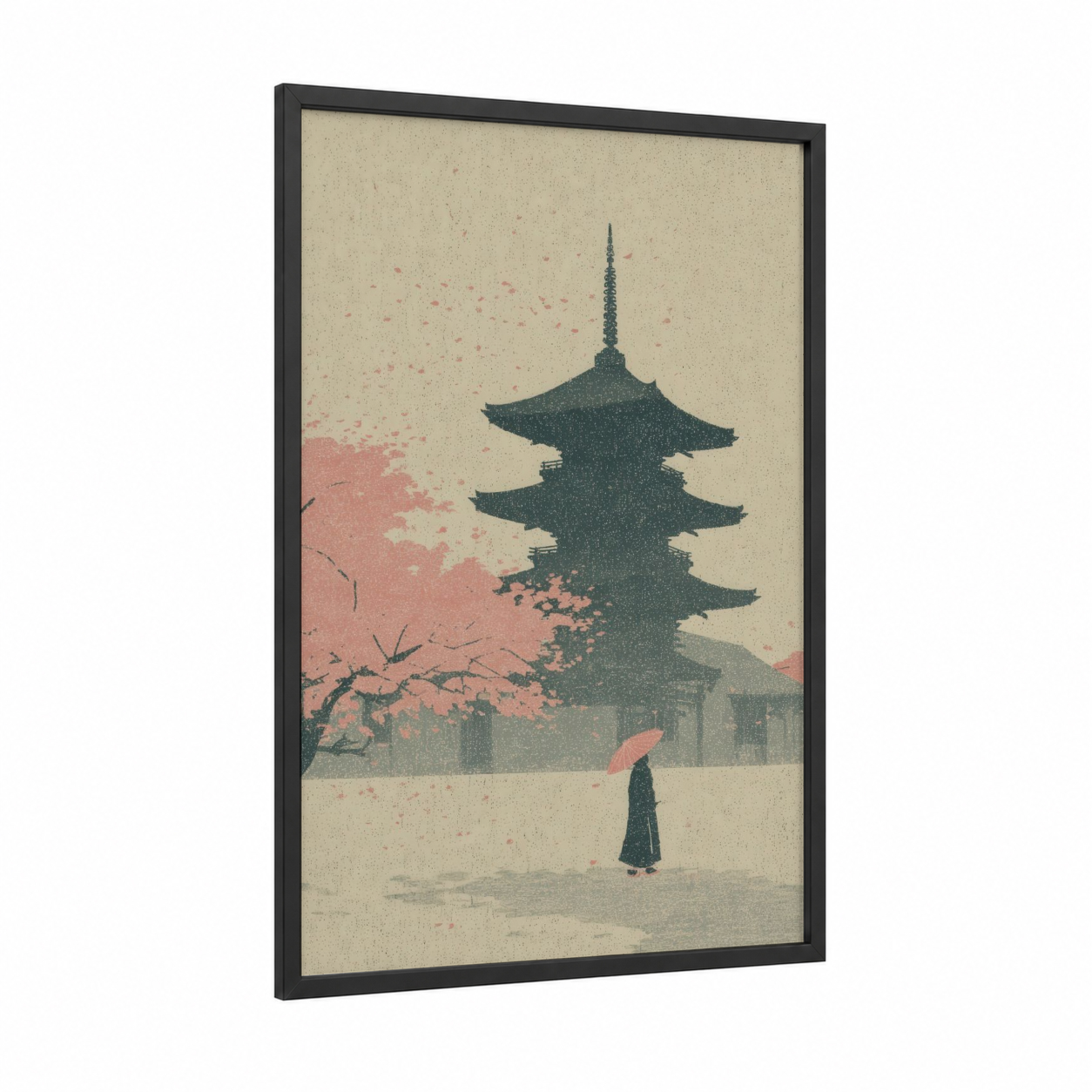Serene Temple Wanderer framed roller skating print — black wood frame — beige and salmon pink palette