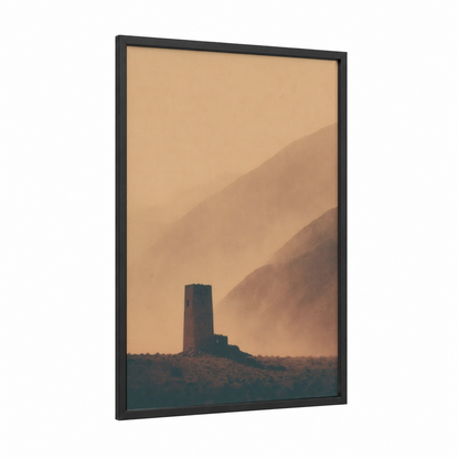 Desert Tower Ruins framed towers print — black wood frame — russet and beige palette