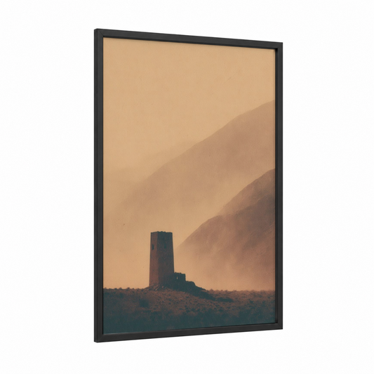 Desert Tower Ruins framed towers print — black wood frame — russet and beige palette