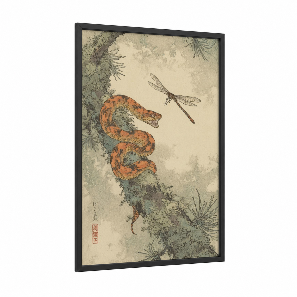 Coral Viper Study framed art print — black wood frame — russet and cream palette