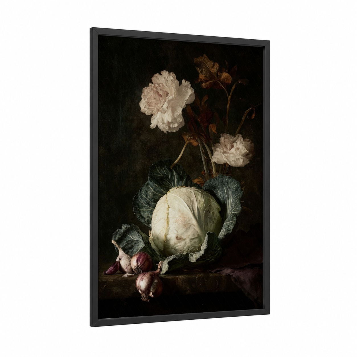 Cabbage Still Life framed vegetable print — black wood frame — black and cream palette