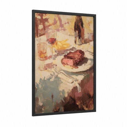 Elegant Meat Dinner framed art print — black wood frame — gold and russet palette