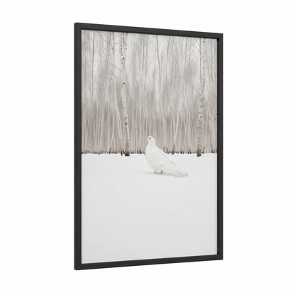 Winter Dove framed art print — black wood frame — white and gray palette
