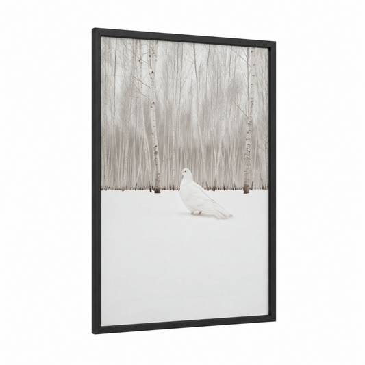 Winter Dove framed art print — black wood frame — white and gray palette