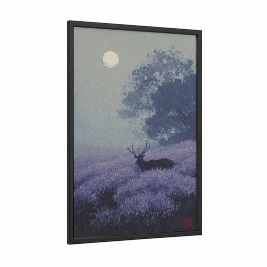 Moonlit Reindeer framed art print — black wood frame — blue and lavender palette