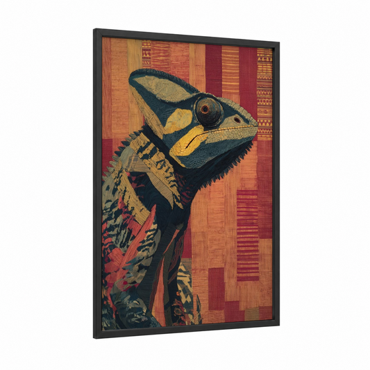 Golden Chameleon framed art print — black wood frame — gold and russet palette