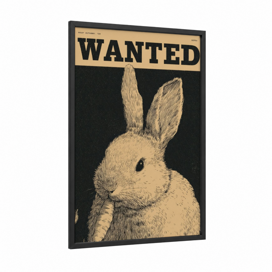 Wanted Rabbit framed easter print — black wood frame — cream and black palette