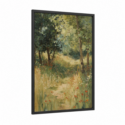 Wildflower Oak Path framed oak forest print — black wood frame — green and gold palette