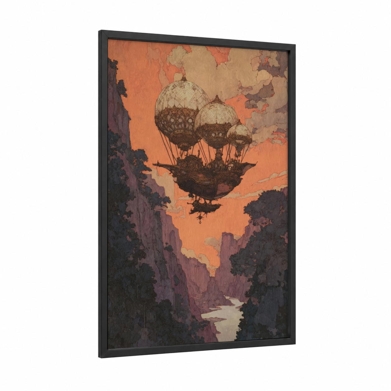 Sunset Airship framed art print — black wood frame — orange and maroon palette
