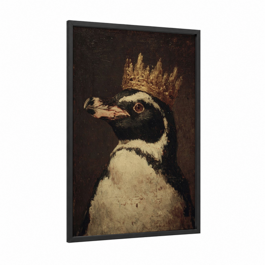 Crowned Penguin framed art print — black wood frame — black and white and gold palette