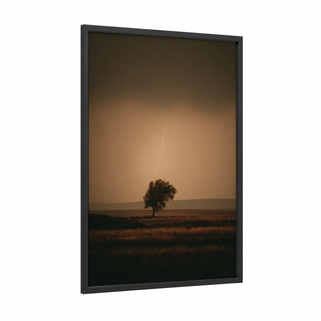 Solitary Storm framed lightning print — black wood frame — brown and gold palette