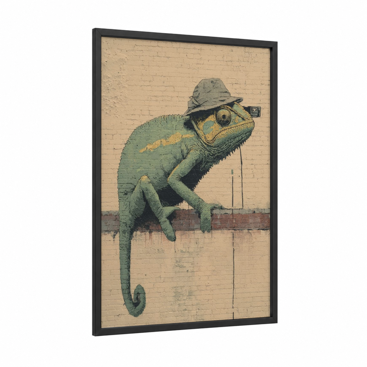 Detective Chameleon framed art print — black wood frame — sage green and cream palette