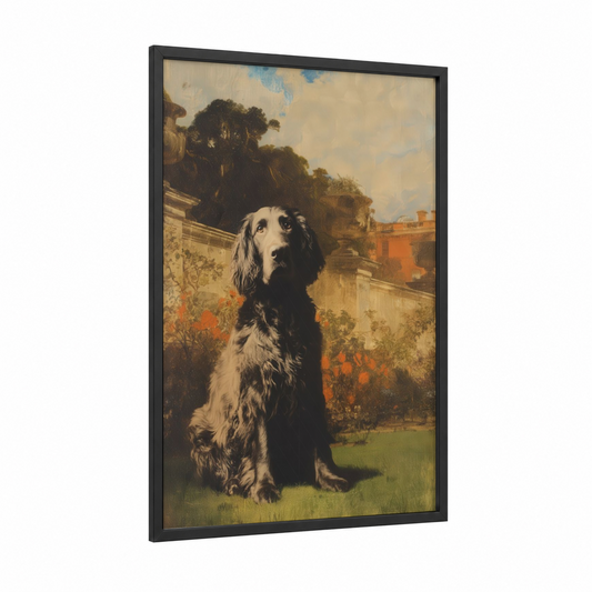 Noble Spaniel framed art print — black wood frame — gold and cream palette