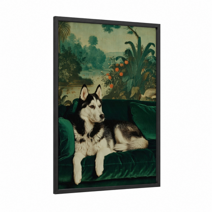 Emerald Husky framed art print — black wood frame — dark green and black and white palette