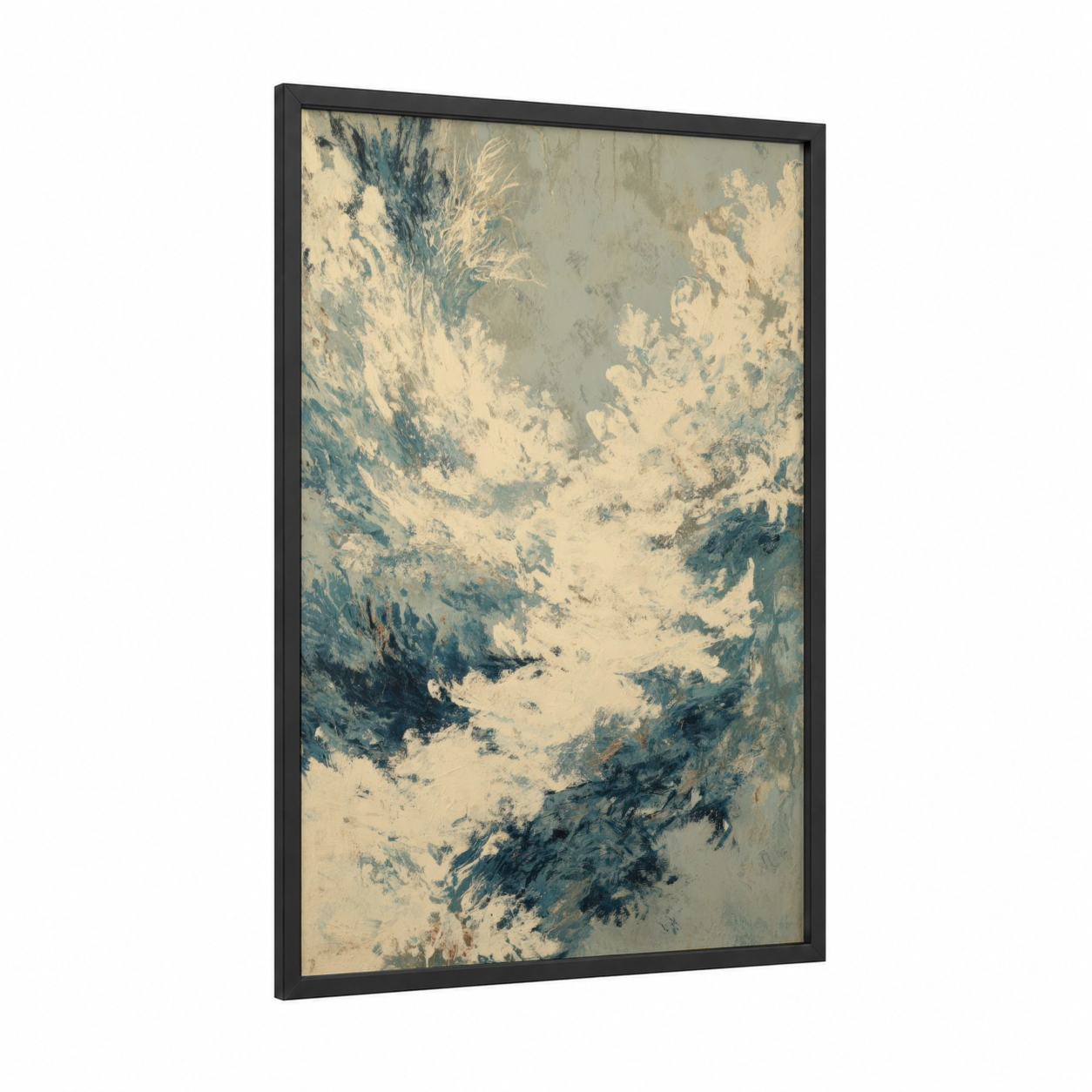 Snowy Mountain Peaks framed winter print — black wood frame — gray and white and blue and white palette