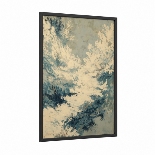 Snowy Mountain Peaks framed winter print — black wood frame — gray and white and blue and white palette