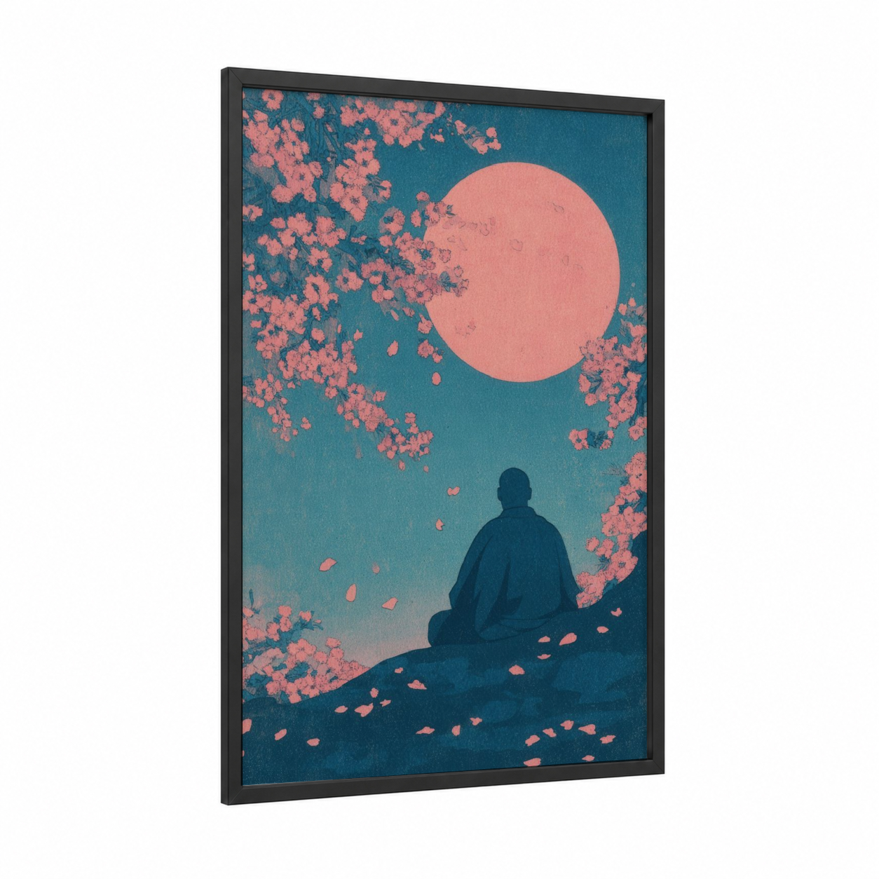 Moonlit Meditation framed buddhism print — black wood frame — teal and salmon pink palette