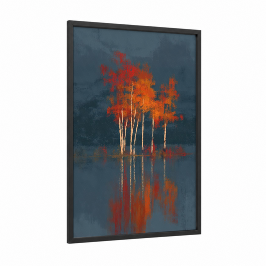 Autumn Birch Reflection framed birch tree print — black wood frame — blue and gold and red palette