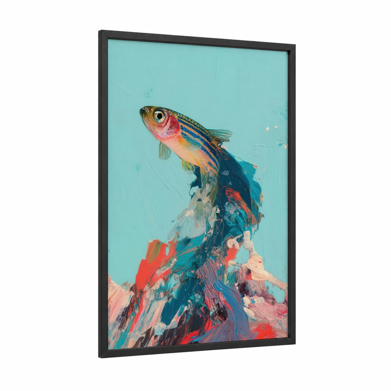 Crimson Zebrafish framed art print — black wood frame — turquoise and red palette