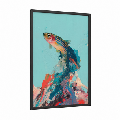 Crimson Zebrafish framed art print — black wood frame — turquoise and red palette