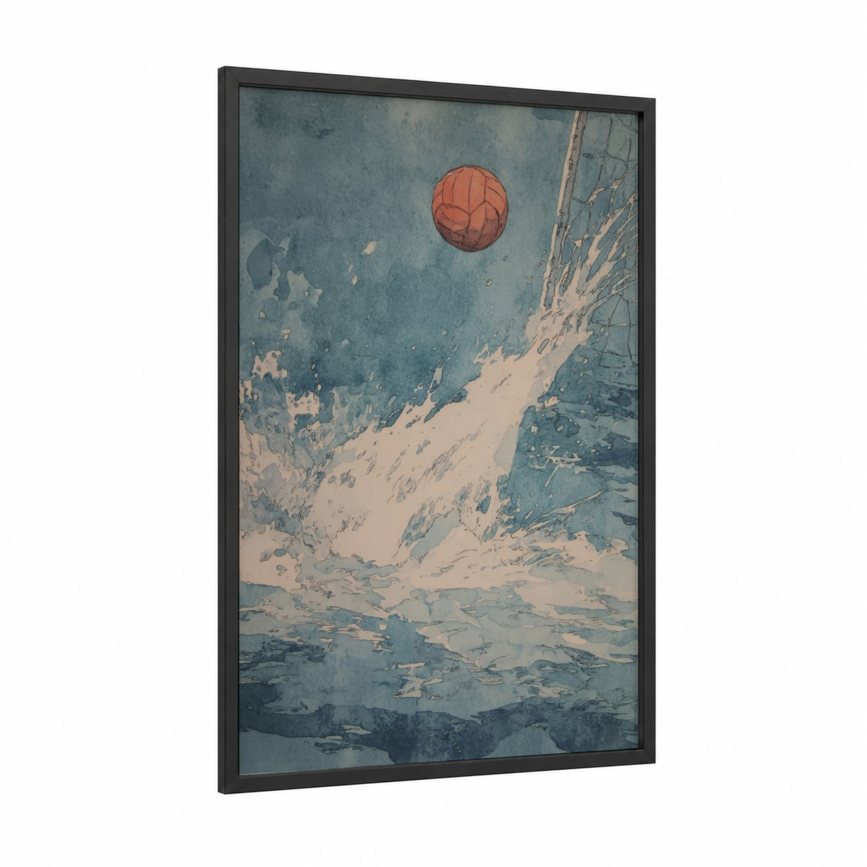 Alpine Water Polo framed art print — black wood frame — blue and white and peach palette
