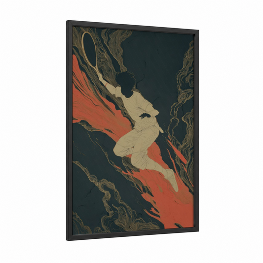 Ethereal Tennis Dancer framed art print — black wood frame — red and teal palette