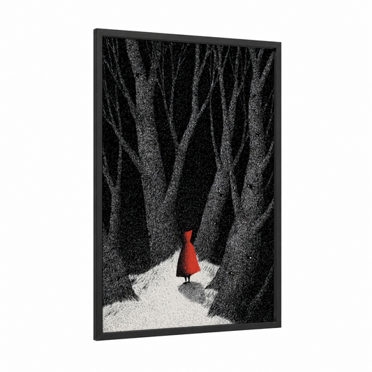 Red Riding Hood framed fairytale print — black wood frame — black and white and red palette