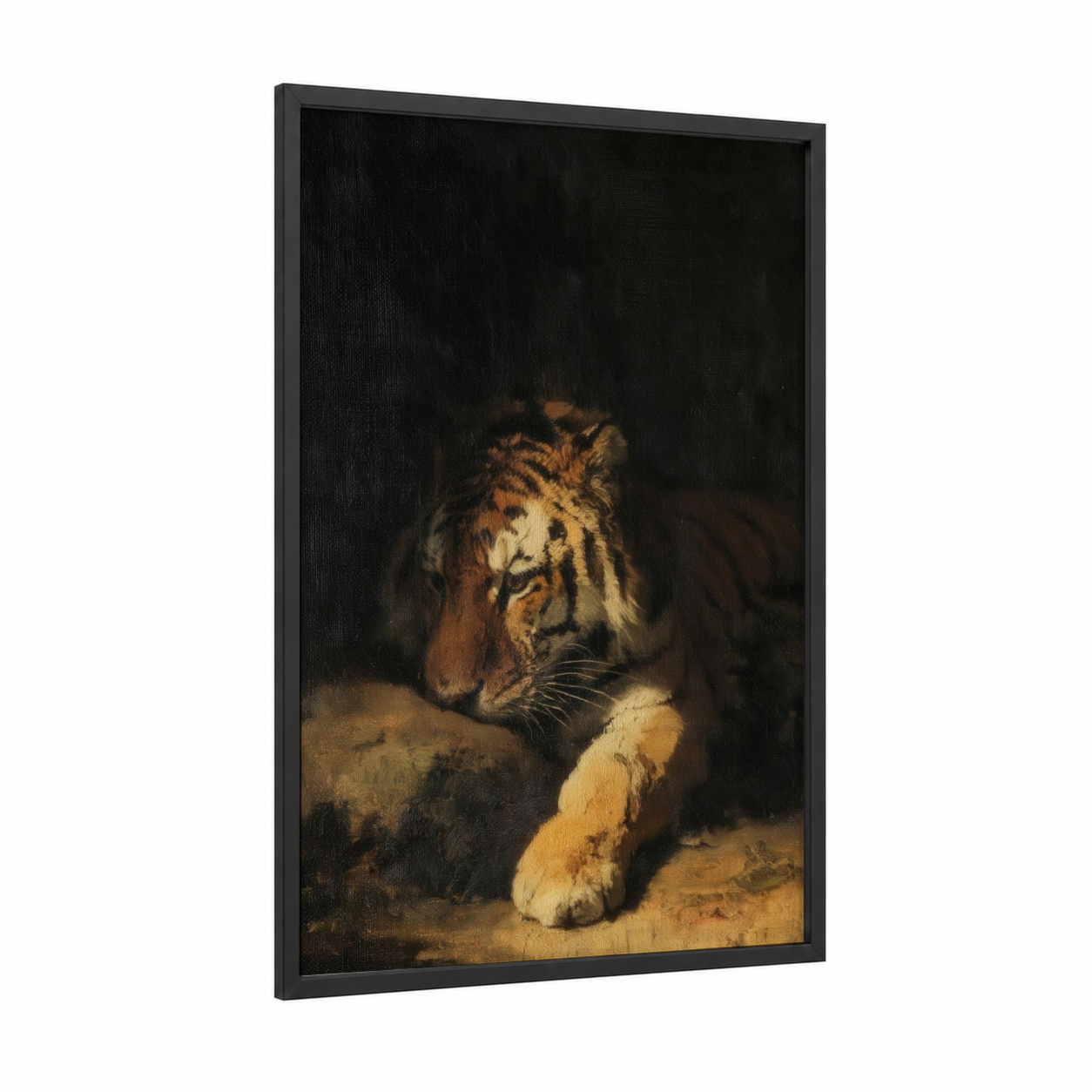 Resting Tiger framed art print — black wood frame — gold and black palette