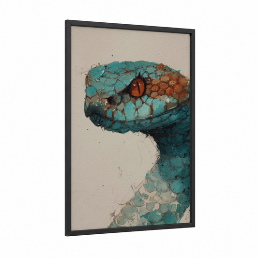 Turquoise Cobra framed art print — black wood frame — teal and russet palette