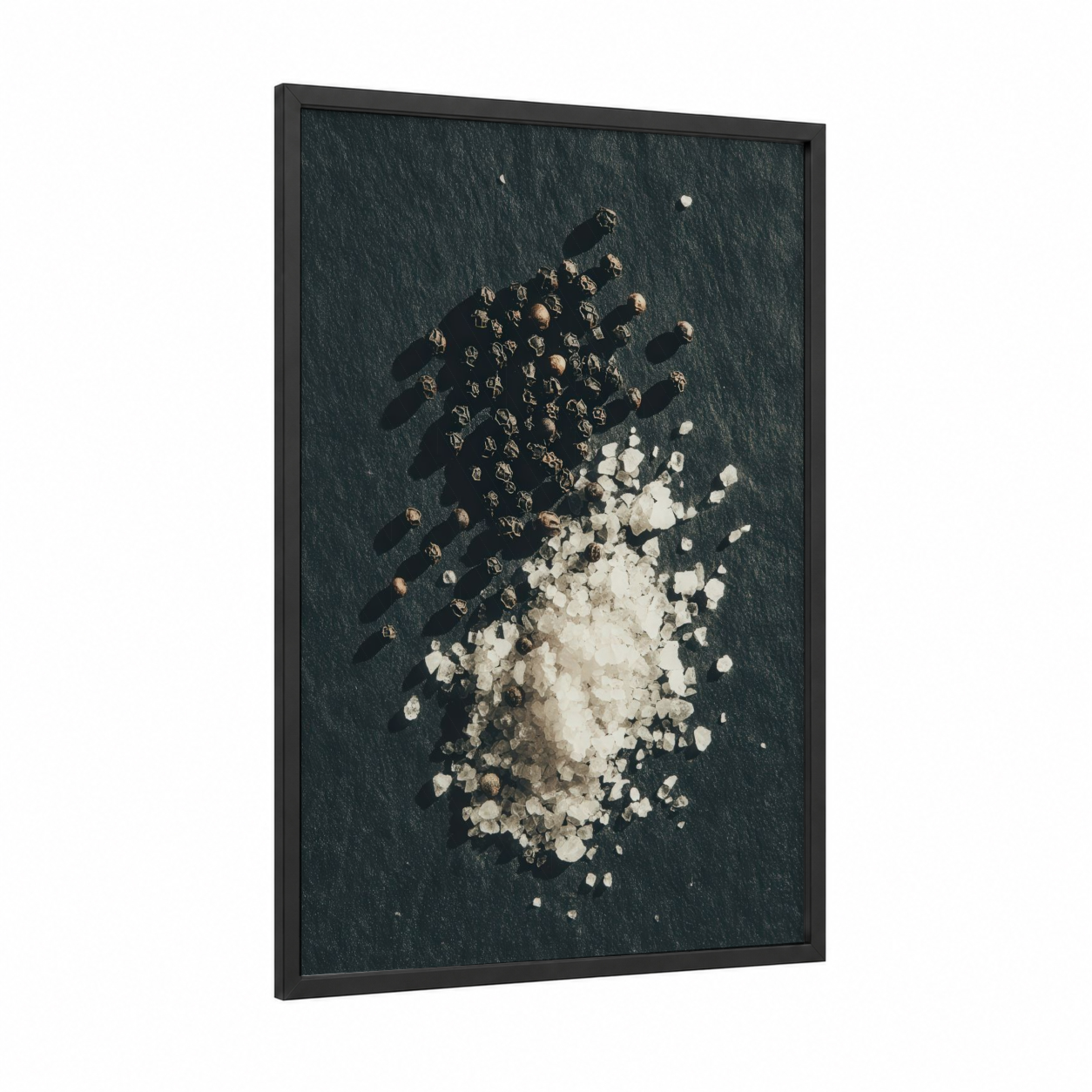 Sea Salt Contrast framed herbs and spices print — black wood frame — dark blue and white palette