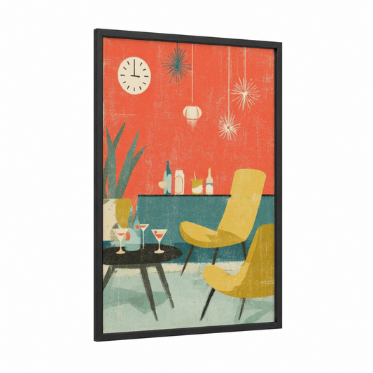 Retro New Year framed new years eve print — black wood frame — red and yellow gold palette