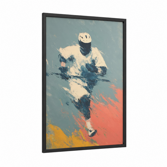 Dynamic Lacrosse framed art print — black wood frame — blue and salmon pink palette