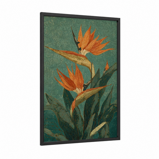 Tropical Paradise Blooms framed birds of paradise print — black wood frame — orange and teal palette