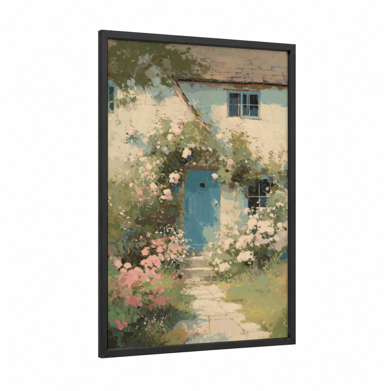 Cottage Garden Entrance framed house print — black wood frame — blue and peach palette