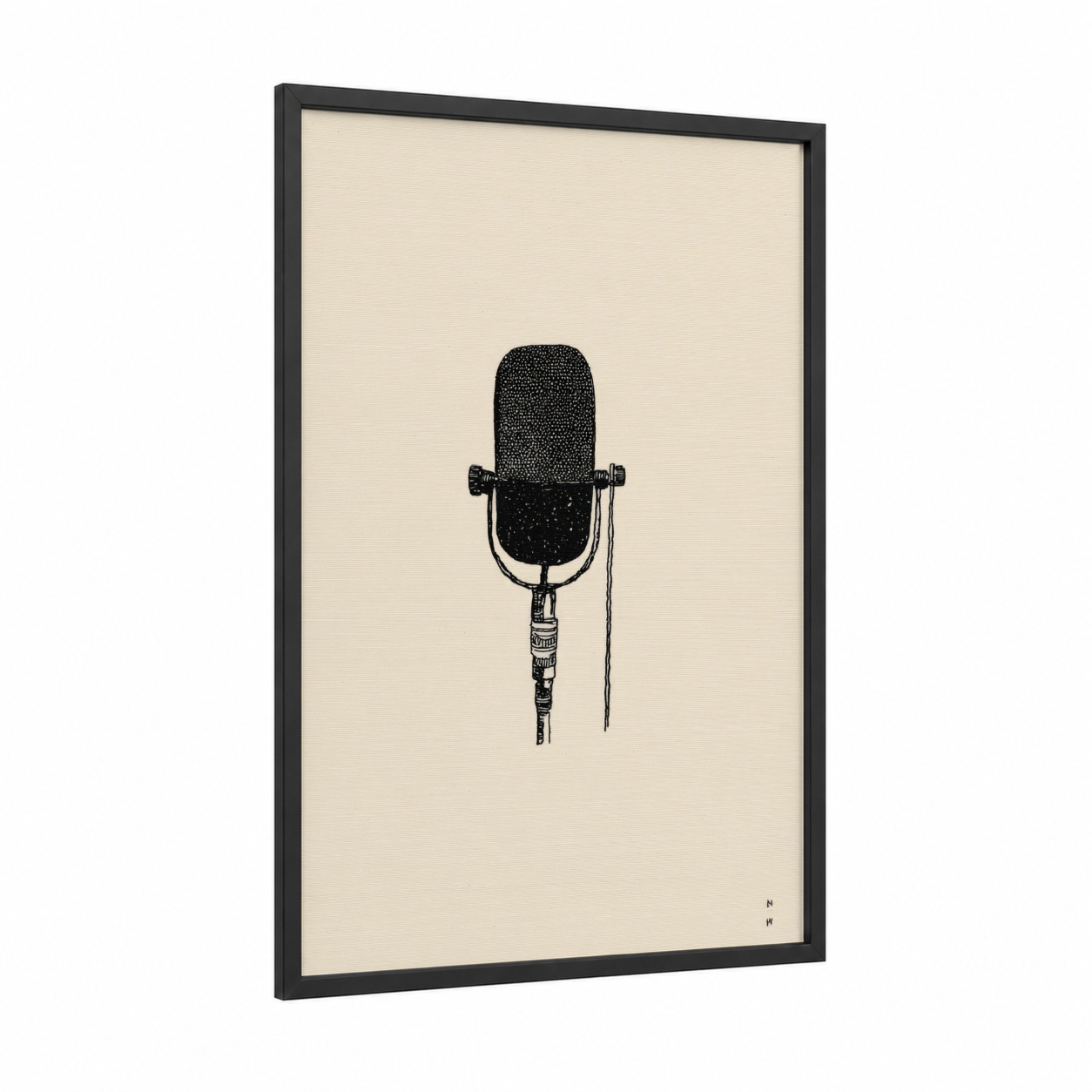 Vintage Microphone framed art print — black wood frame — black and cream palette