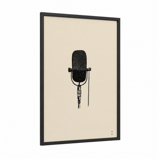 Vintage Microphone framed art print — black wood frame — black and cream palette