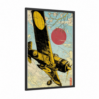 Golden Biplane Ascent framed vintage airplane print — black wood frame — yellow gold and blue and white palette