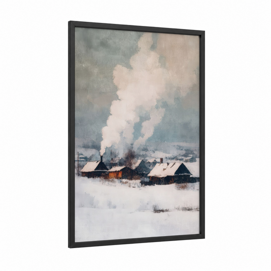 Snowy Village Morning framed art print — black wood frame — gray and white palette