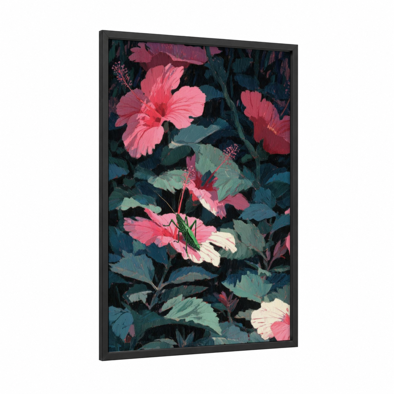 Hibiscus Grasshopper framed art print — black wood frame — pink and dark blue palette