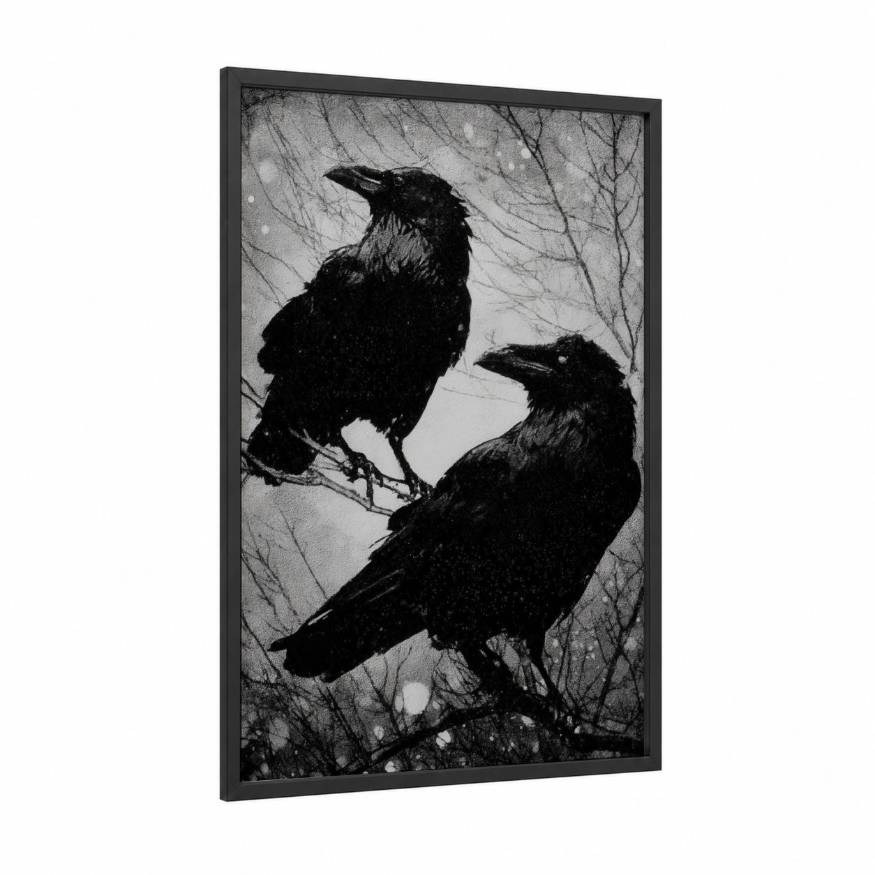 Winter Ravens Pair framed crows and ravens print — black wood frame — black and white palette
