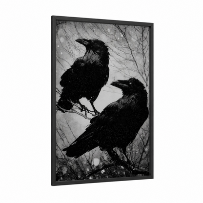 Winter Ravens Pair framed crows and ravens print — black wood frame — black and white palette